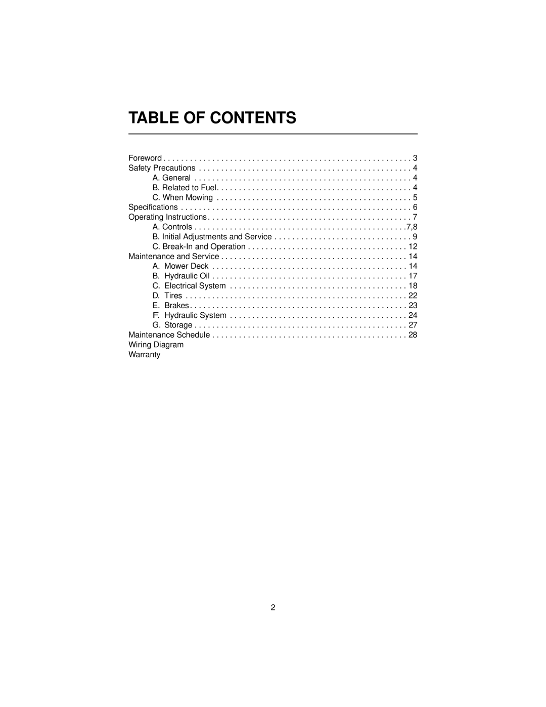 Cub Cadet 3654, 3660 service manual Table of Contents 