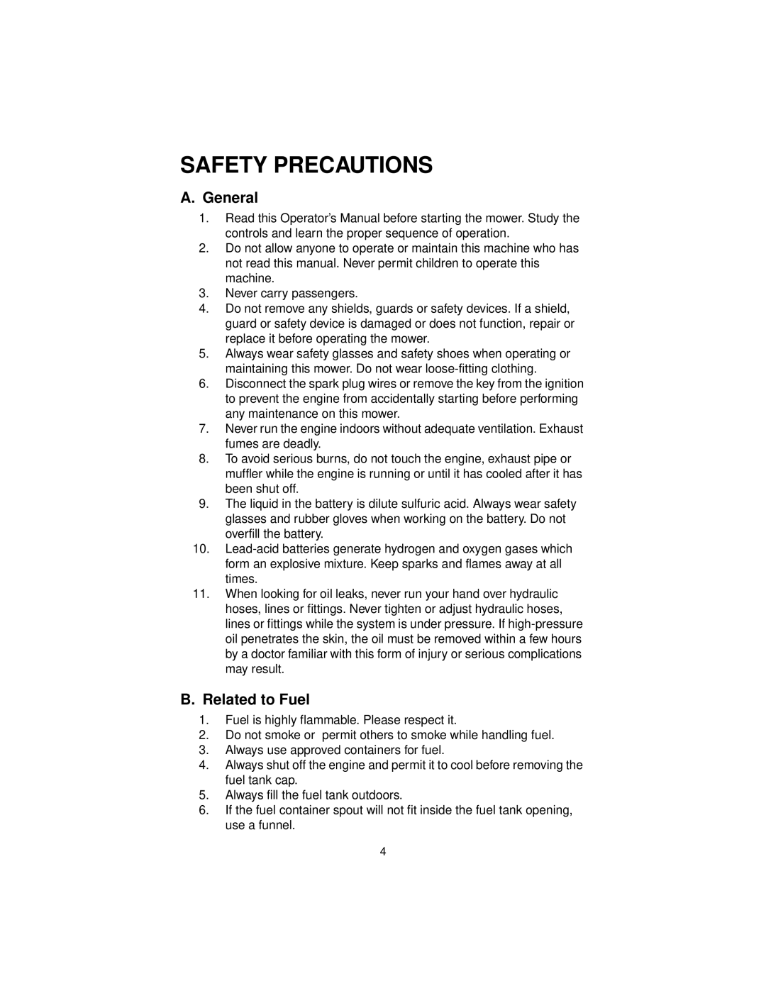 Cub Cadet 3654, 3660 service manual Safety Precautions, General, Related to Fuel 