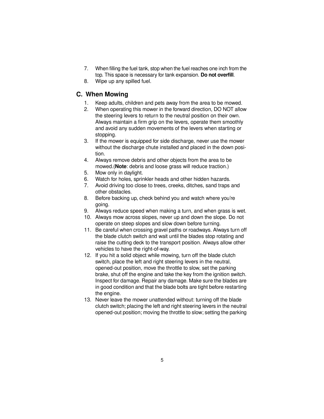 Cub Cadet 3654, 3660 service manual When Mowing 