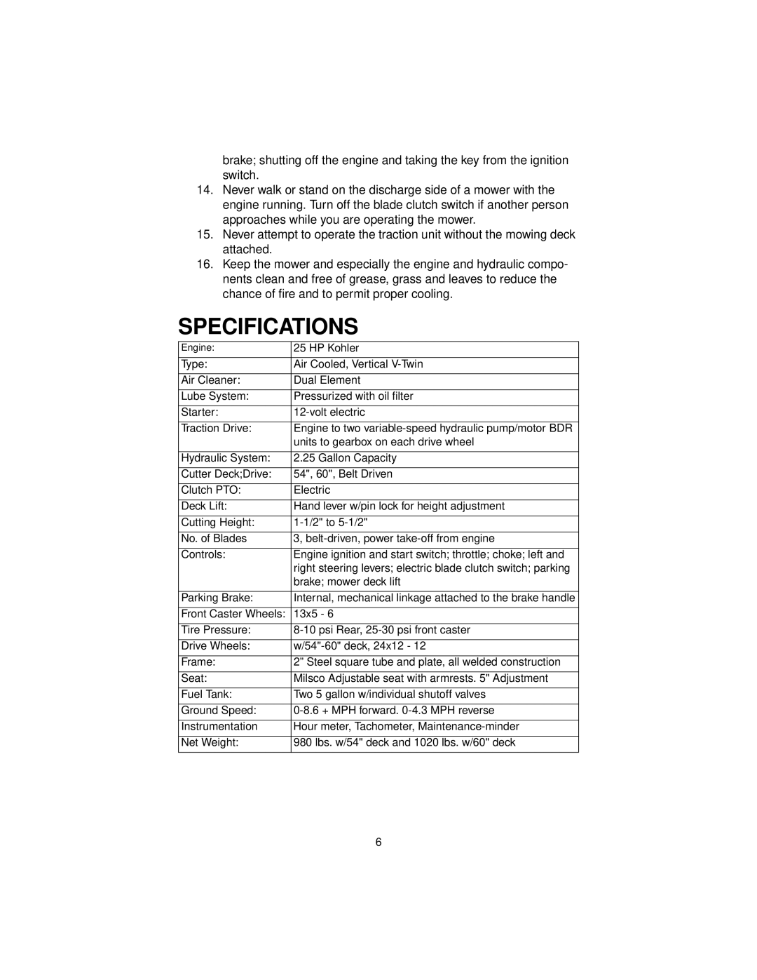 Cub Cadet 3654, 3660 service manual Specifications 