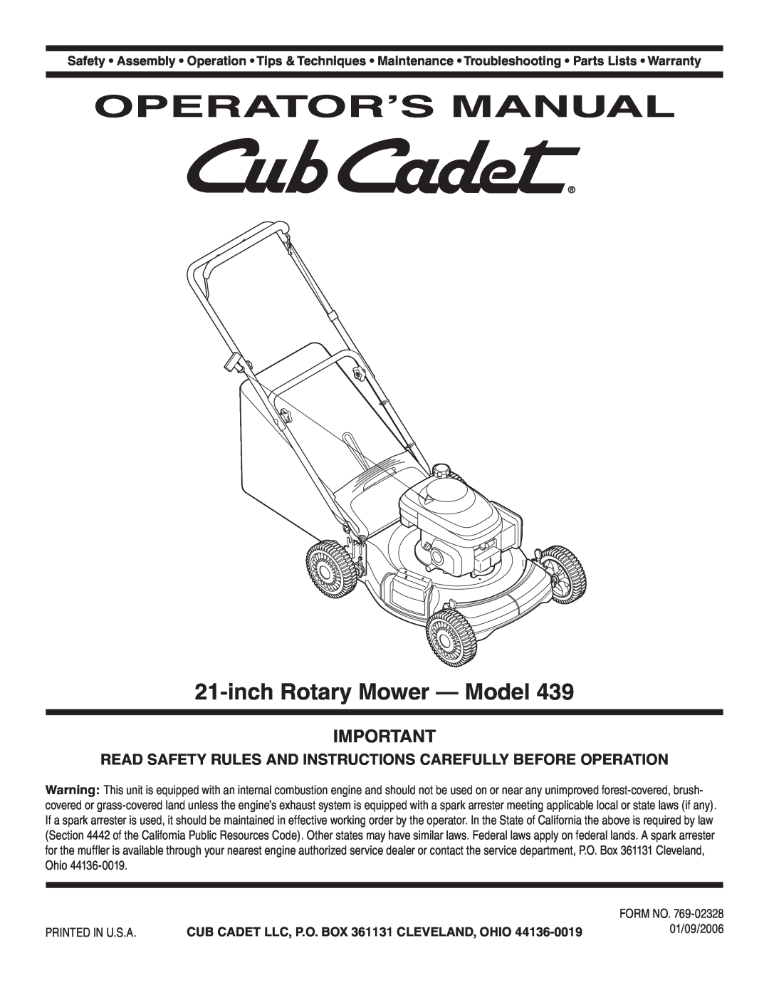 Cub Cadet 439 warranty Operator’S Manual, inch Rotary Mower - Model, 01/09/2006 