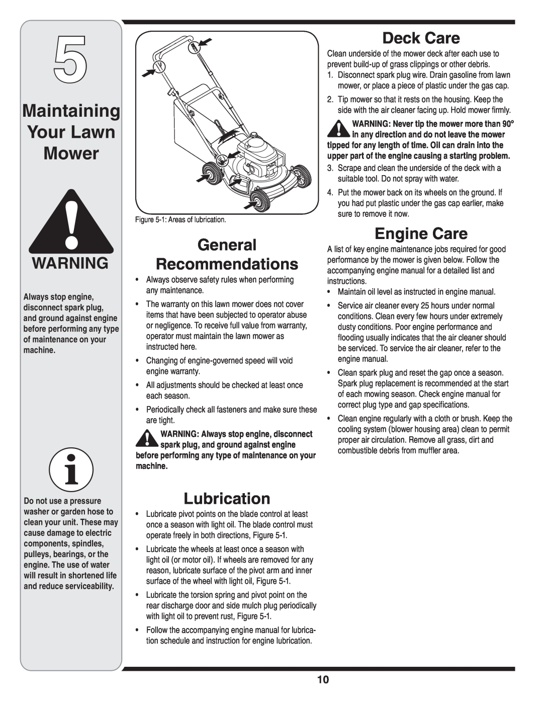 Cub Cadet 439 warranty Maintaining Your Lawn Mower, General Recommendations, Lubrication, Deck Care, Engine Care 