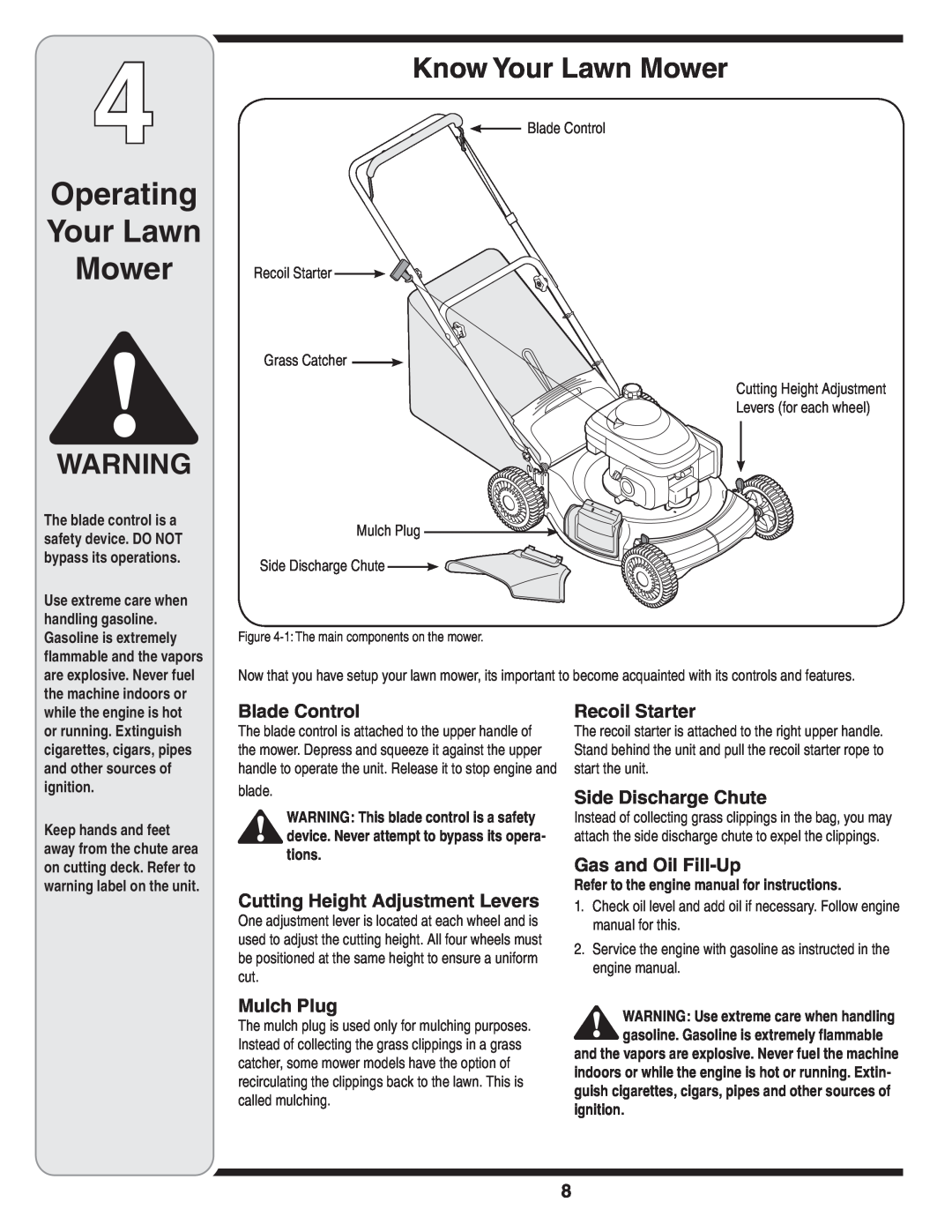 Cub Cadet 439 Operating Your Lawn Mower, Know Your Lawn Mower, Blade Control, Cutting Height Adjustment Levers, Mulch Plug 