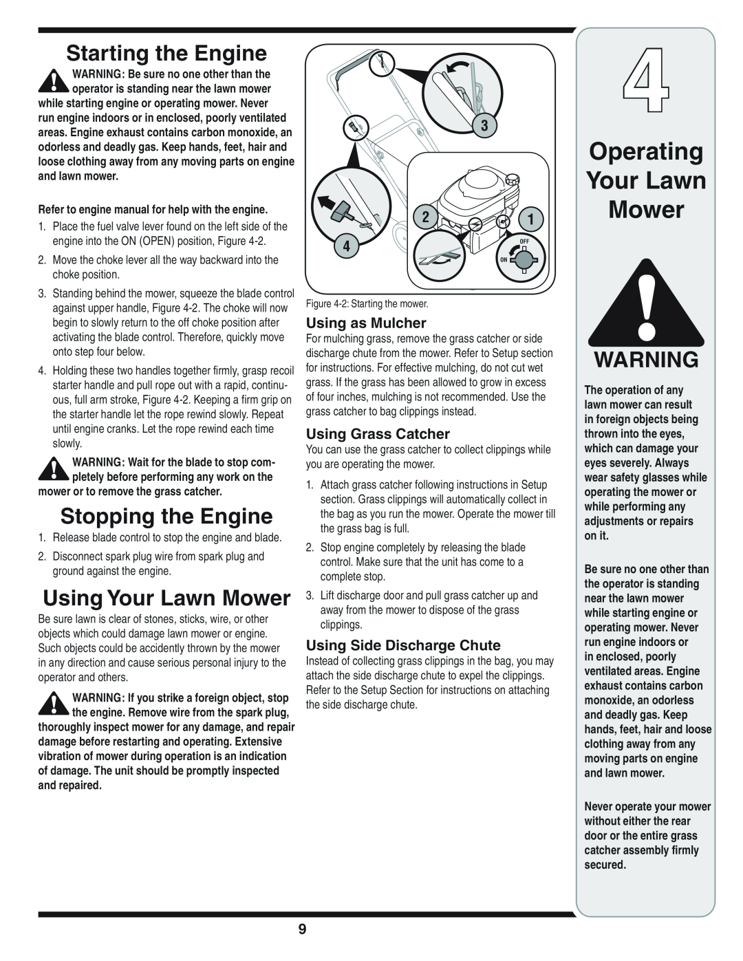 Cub Cadet 439 Starting the Engine, Stopping the Engine, Using Your Lawn Mower, Using as Mulcher, Using Grass Catcher 