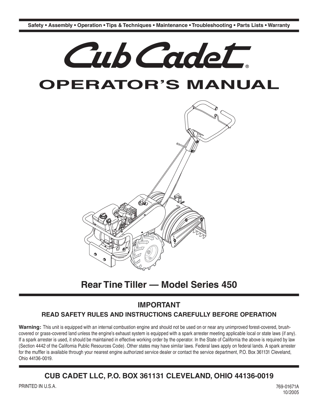 Cub Cadet 450 warranty OPERATOR’S Manual 