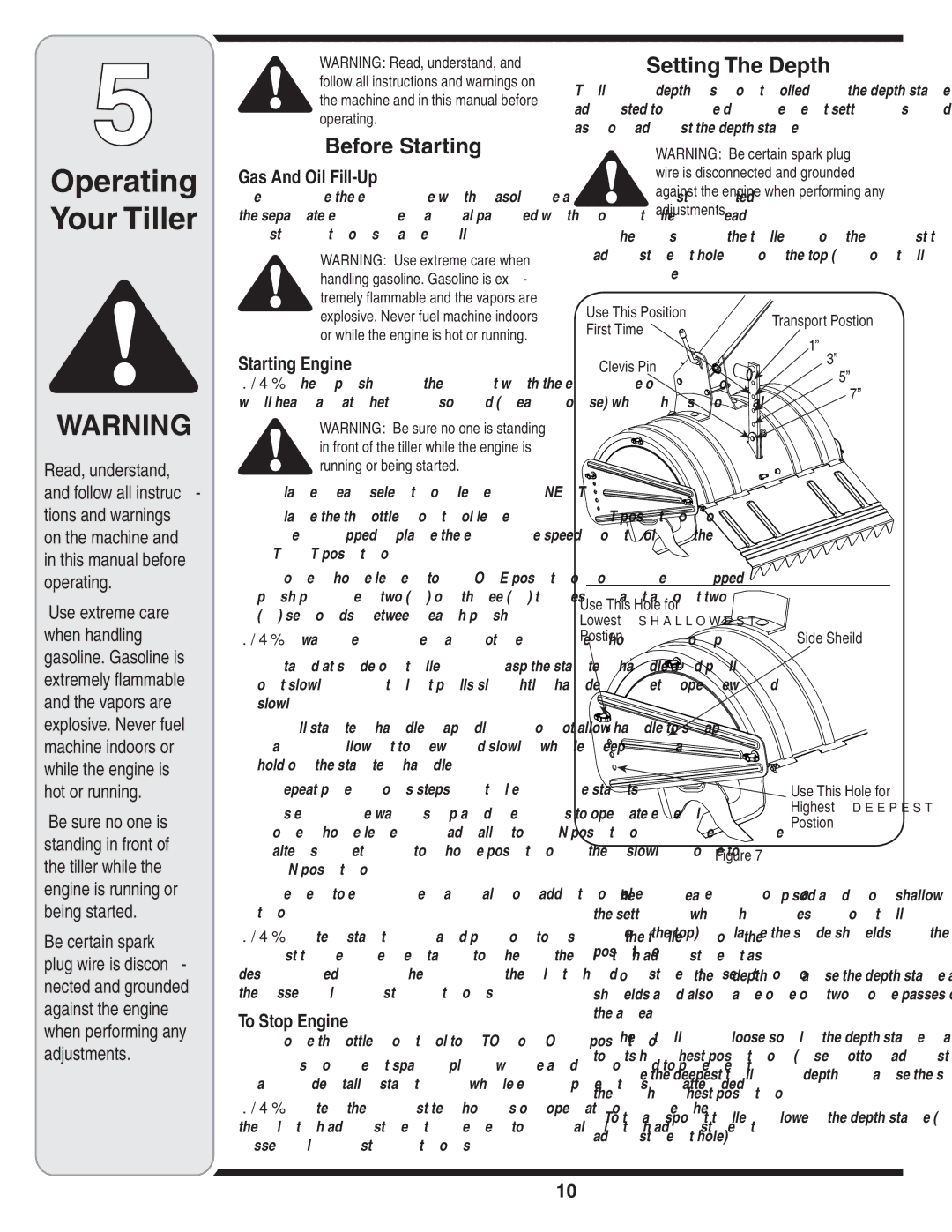 Cub Cadet 450 warranty Before Starting, Setting The Depth 