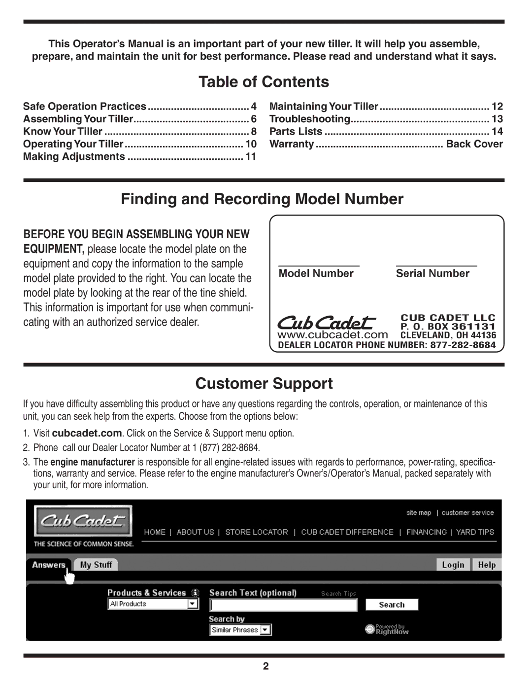 Cub Cadet 450 warranty Table of Contents 