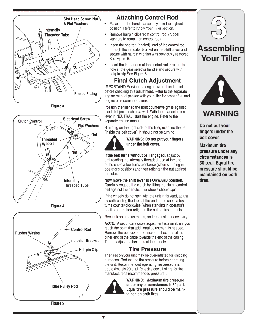 Cub Cadet 450 warranty Attaching Control Rod, Final Clutch Adjustment, Tire Pressure 