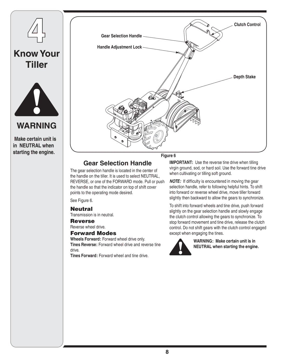 Cub Cadet 450 warranty Know Your Tiller, Gear Selection Handle, Neutral, Reverse, Forward Modes 