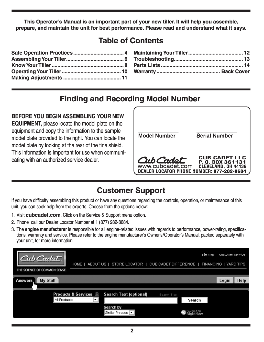Cub Cadet 450 warranty Table of Contents, Finding and Recording Model Number, Customer Support, Safe Operation Practices 