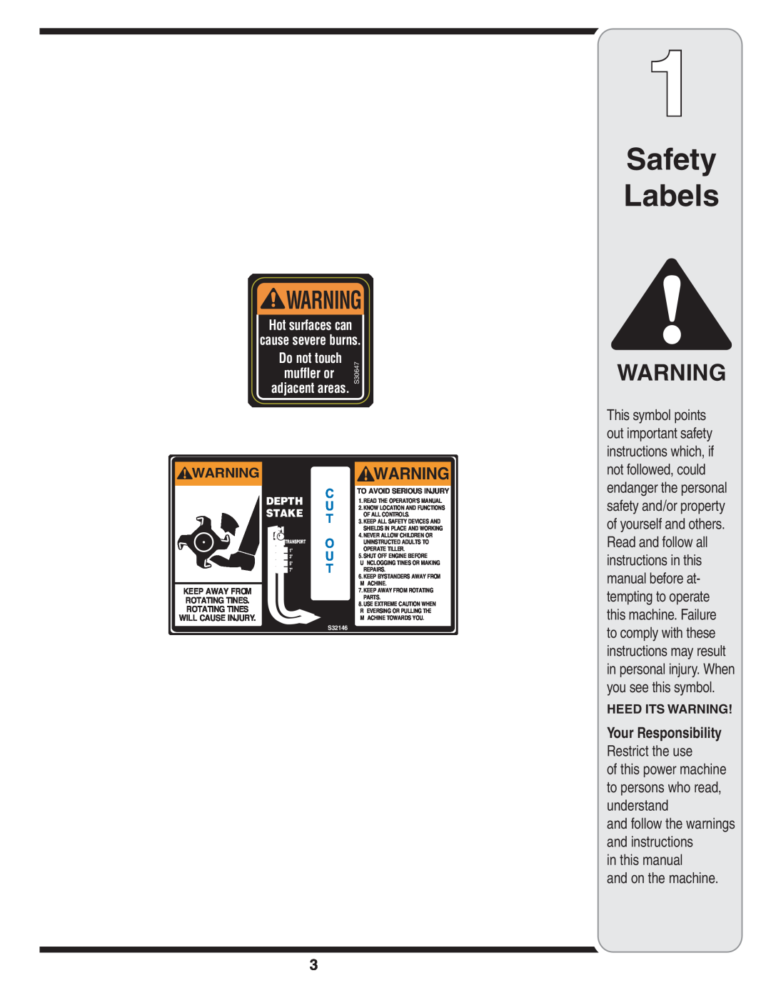 Cub Cadet 450 warranty Safety Labels, in this manual and on the machine, Hot surfaces can cause severe burns 