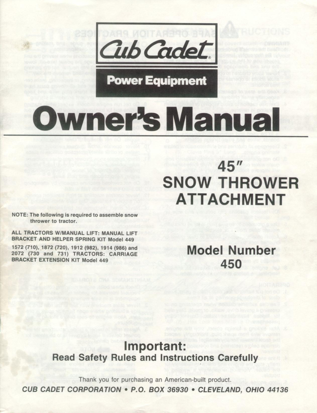 Cub Cadet 450 warranty Operator’S Manual, Rear Tine Tiller - Model Series, CUB CADET LLC, P.O. BOX 361131 CLEVELAND, OHIO 