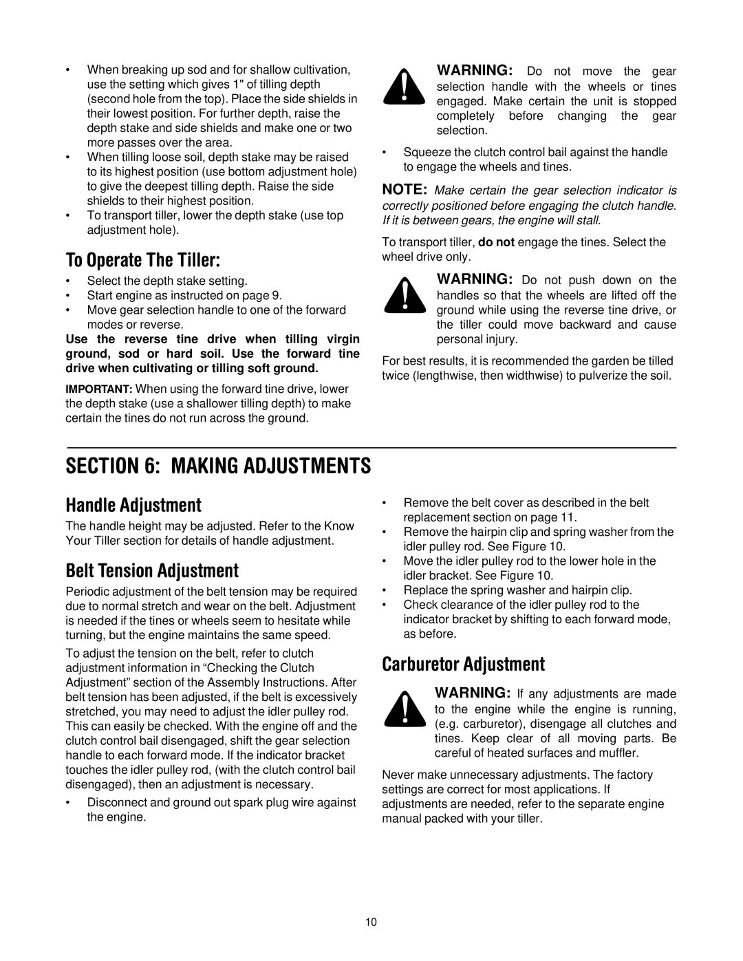 Cub Cadet 454 Making Adjustments, To Operate The Tiller, Handle Adjustment, Belt Tension Adjustment, Carburetor Adjustment 