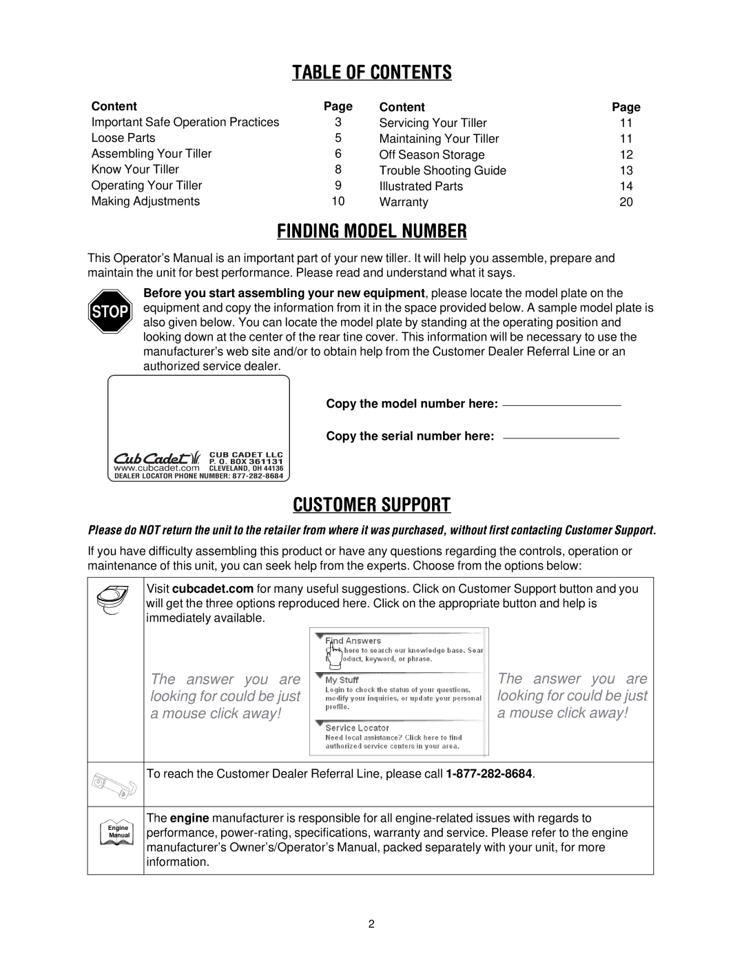 Cub Cadet 454 manual Table of Contents 