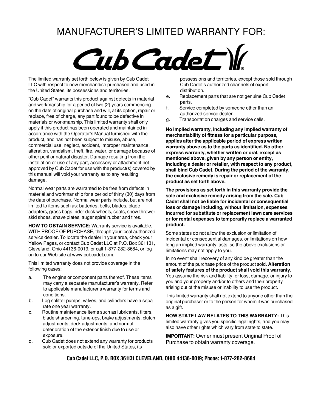 Cub Cadet 454 manual MANUFACTURER’S Limited Warranty for 