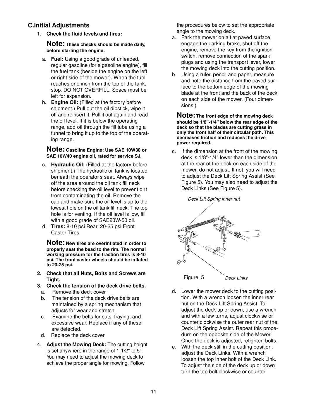 Cub Cadet 48-inch Fabricated Deck service manual Initial Adjustments, Check the fluid levels and tires 