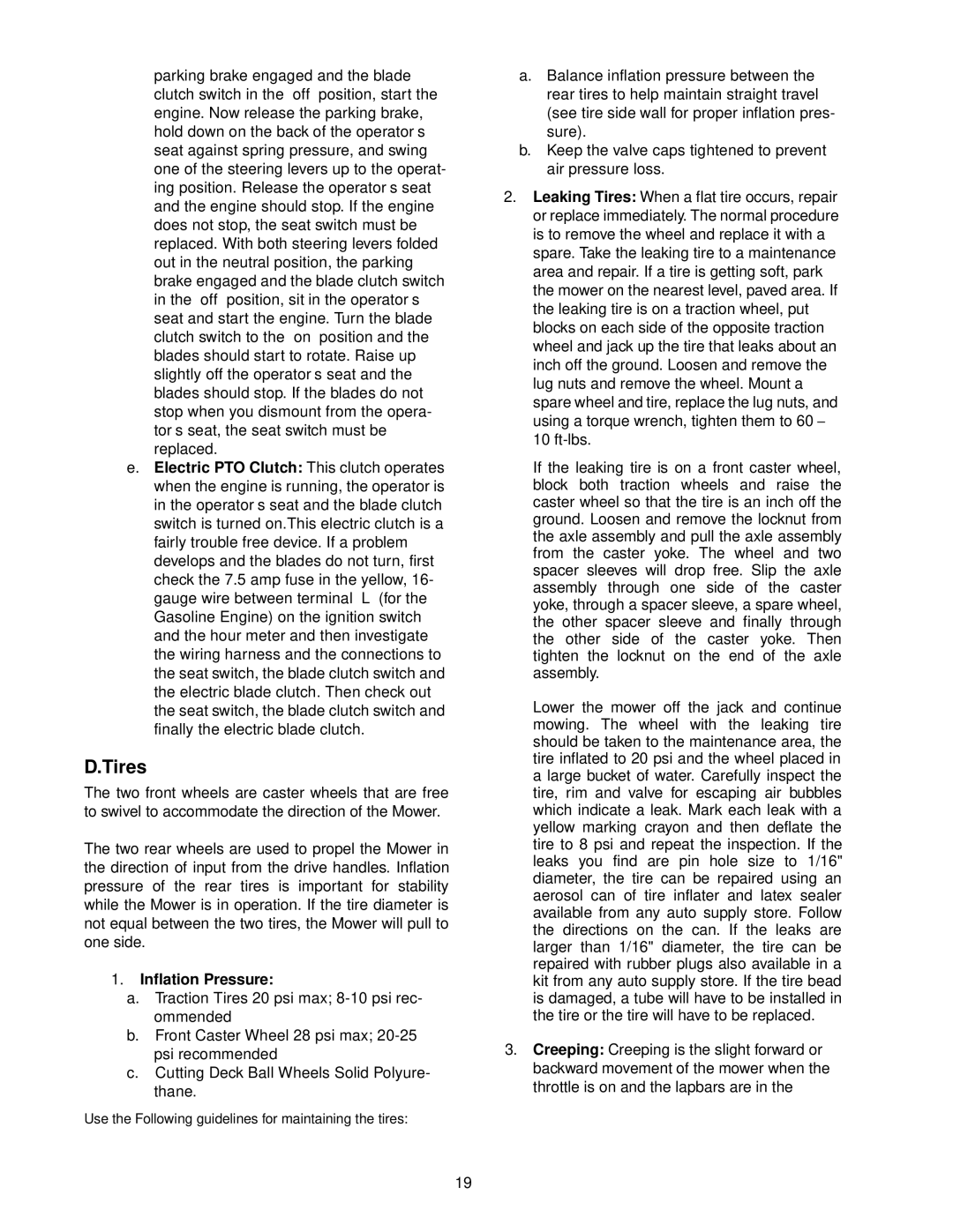 Cub Cadet 48-inch Fabricated Deck service manual Tires, Inflation Pressure 