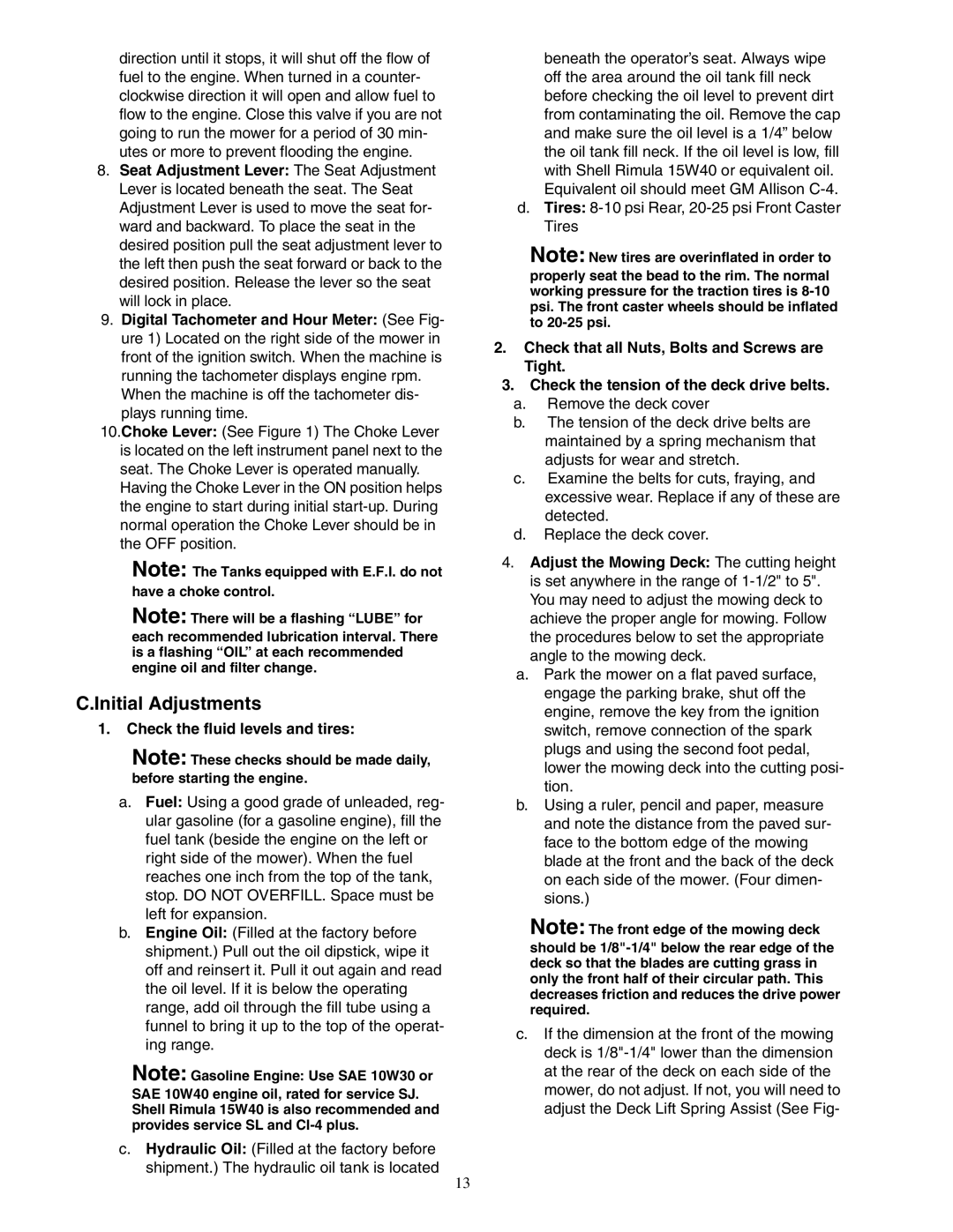 Cub Cadet 48-inch/54-inch/60-inch/72-inch service manual Initial Adjustments, Check the fluid levels and tires 