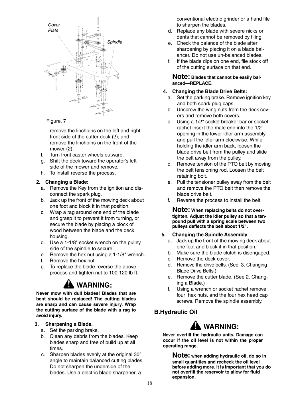 Cub Cadet 48-inch/54-inch/60-inch/72-inch service manual Hydraulic Oil, Changing a Blade, Sharpening a Blade 