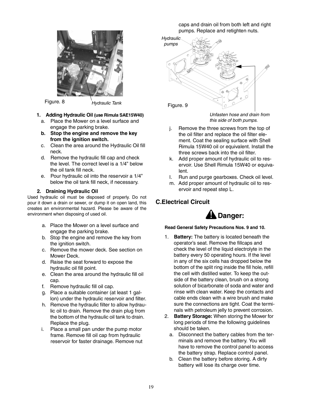 Cub Cadet 48-inch/54-inch/60-inch/72-inch service manual Electrical Circuit, Adding Hydraulic Oil use Rimula SAE15W40 