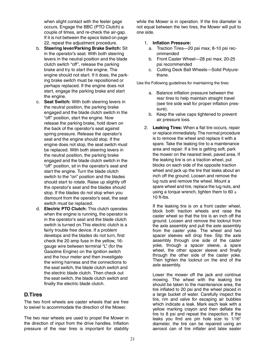 Cub Cadet 48-inch/54-inch/60-inch/72-inch service manual Tires, Inflation Pressure 