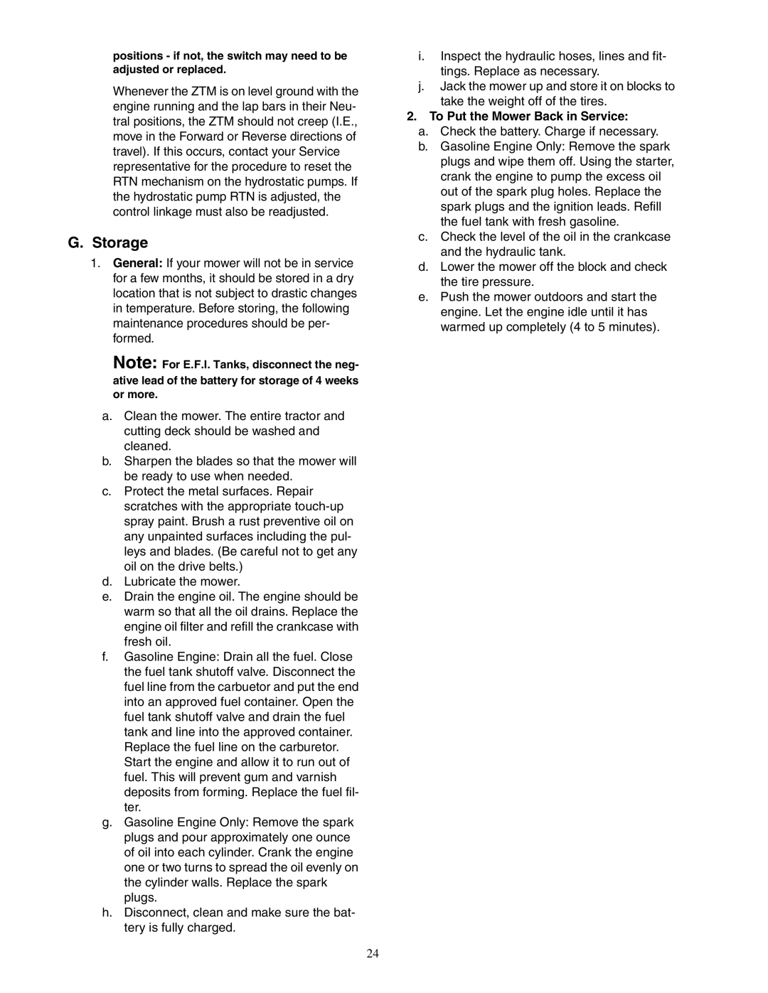 Cub Cadet 48-inch/54-inch/60-inch/72-inch service manual Storage, To Put the Mower Back in Service 