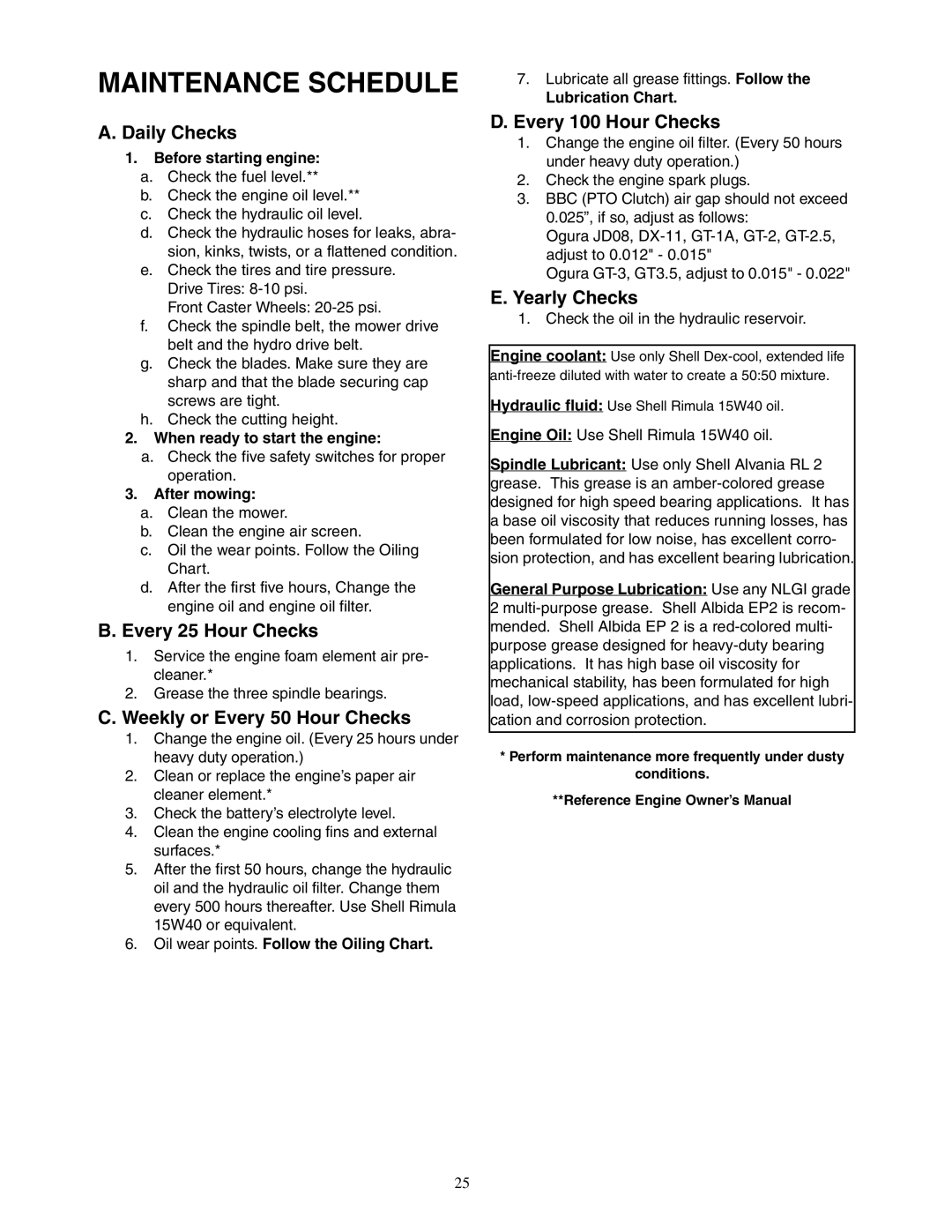 Cub Cadet 48-inch/54-inch/60-inch/72-inch service manual Maintenance Schedule 