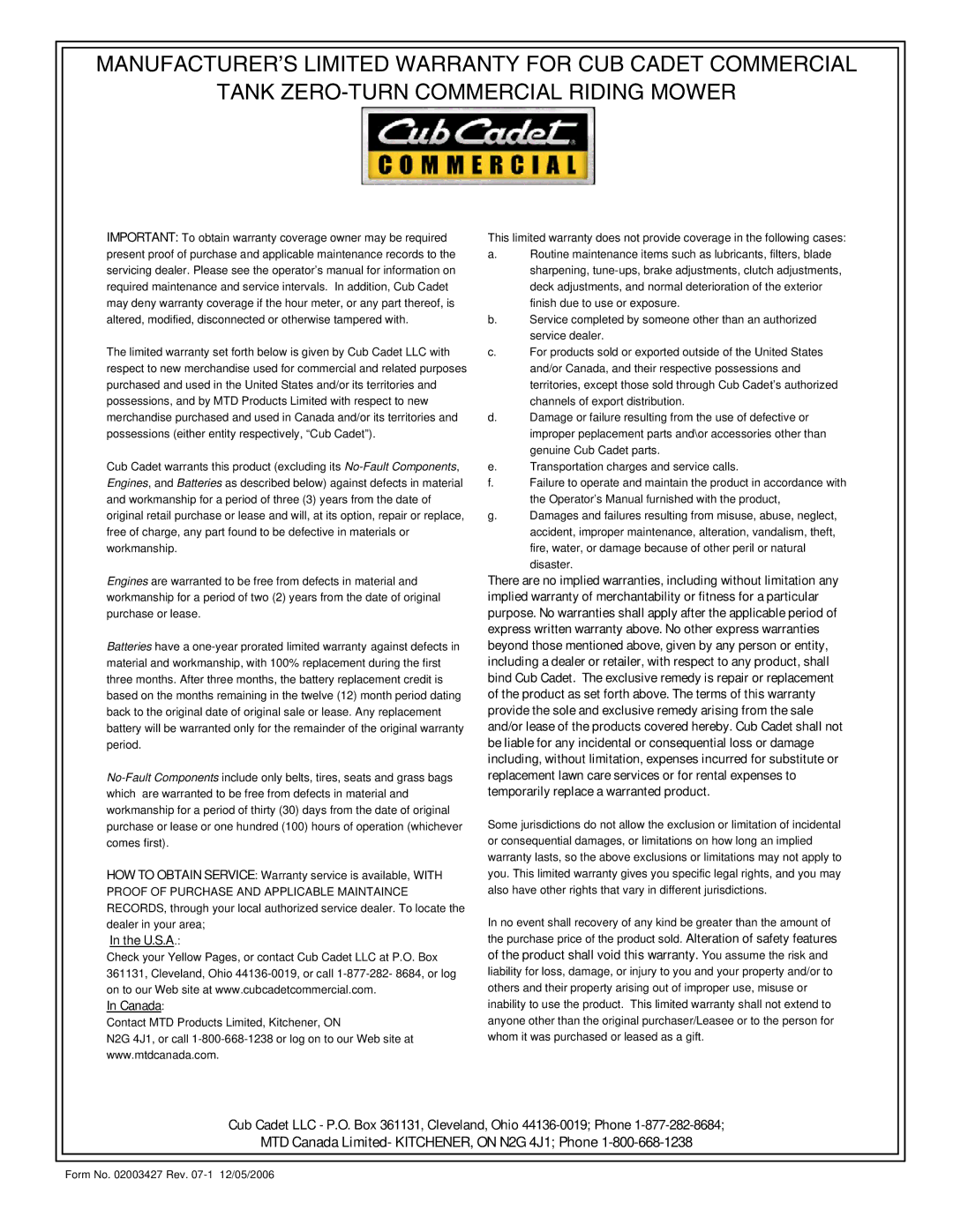 Cub Cadet 48-inch/54-inch/60-inch/72-inch service manual U.S.A Canada 