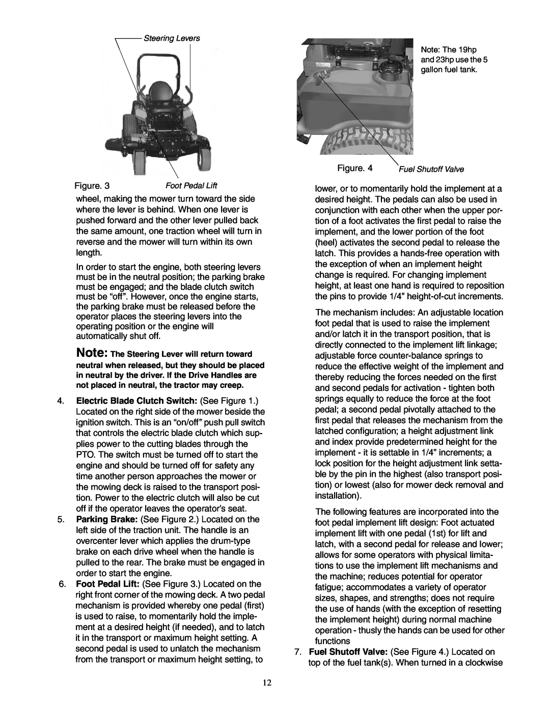 Cub Cadet 48-inch/54-inch/60-inch/72-inch service manual Steering Levers, Note The 19hp and 23hp use the 5 gallon fuel tank 