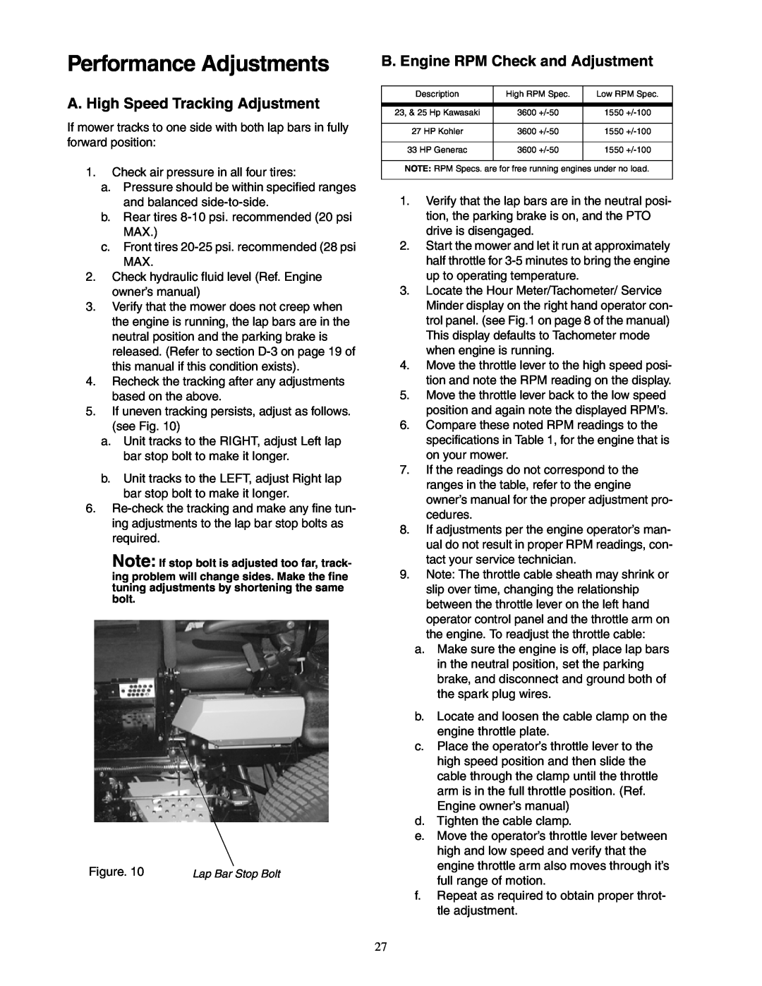 Cub Cadet 48-inch/54-inch/60-inch/72-inch service manual Performance Adjustments, A. High Speed Tracking Adjustment 