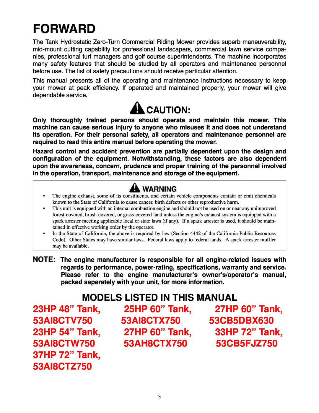 Cub Cadet 48-inch/54-inch/60-inch/72-inch service manual Models Listed In This Manual, Forward 