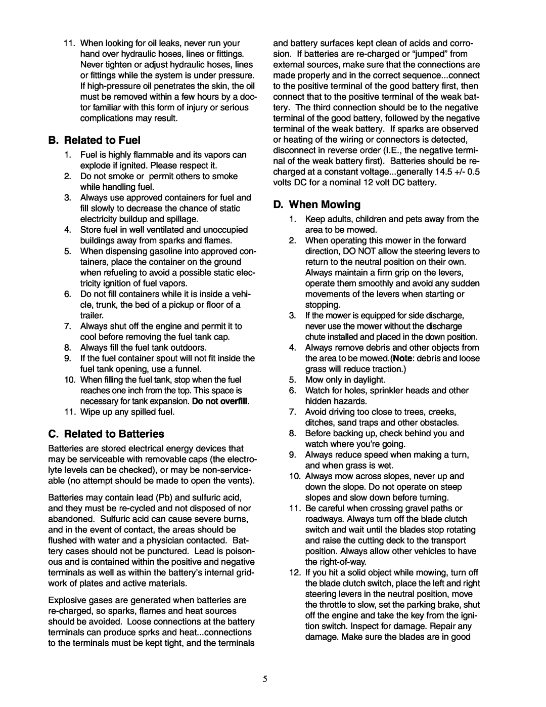 Cub Cadet 48-inch/54-inch/60-inch/72-inch service manual B. Related to Fuel, C. Related to Batteries, D. When Mowing 