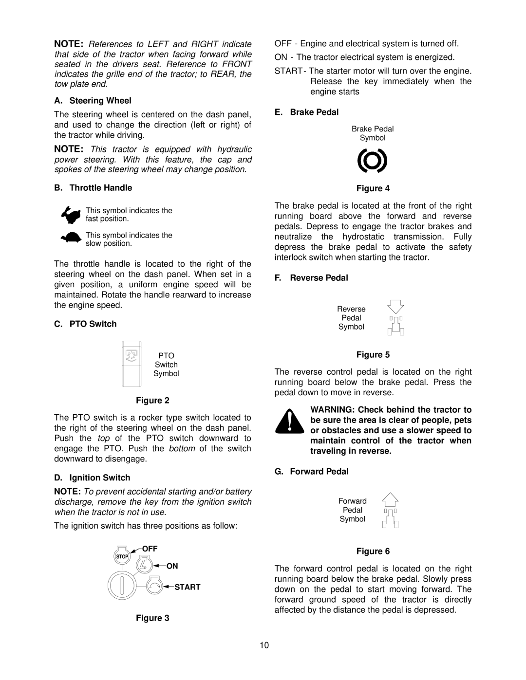 Cub Cadet 5000 Series manual Steering Wheel, Throttle Handle, PTO Switch, Ignition Switch, Brake Pedal, Reverse Pedal 