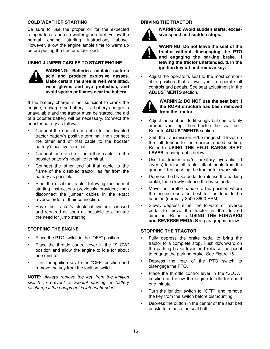 Cub Cadet 5000 Series Cold Weather Starting, Using Jumper Cables to Start Engine, Stopping the Engine, Driving the Tractor 