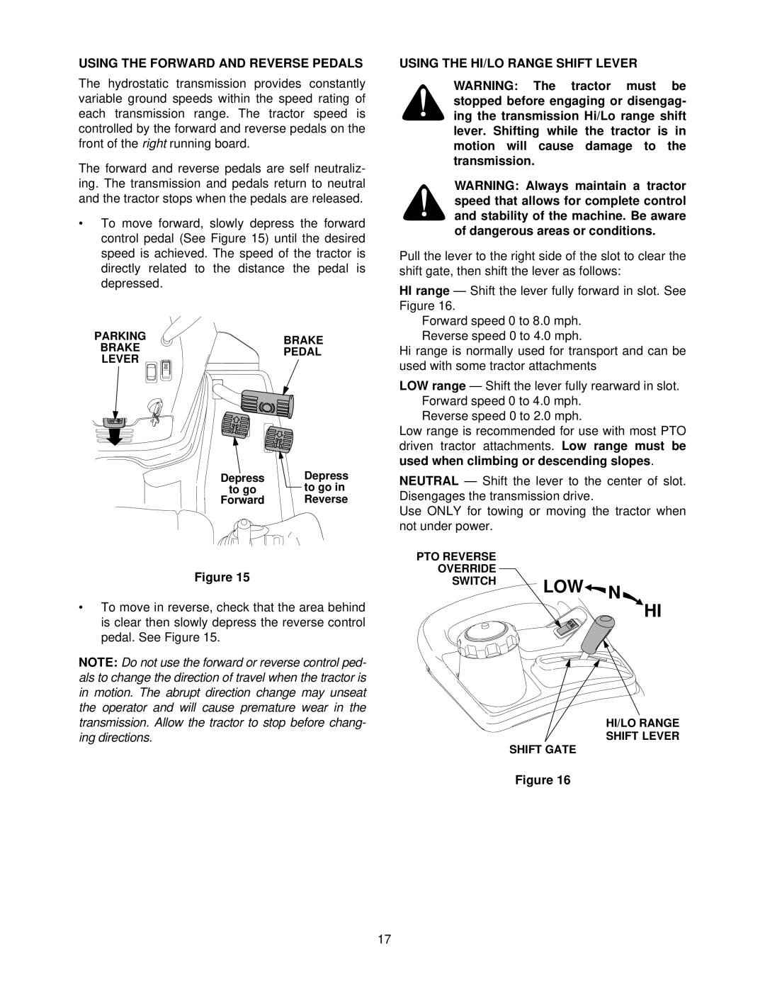 Cub Cadet 5254 Series, 5000 Series manual Low, Using the Forward and Reverse Pedals, Using the HI/LO Range Shift Lever 