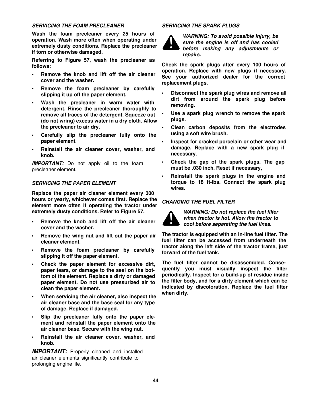 Cub Cadet 5000 Series, 5254 Series Servicing the Foam Precleaner, Servicing the Paper Element, Servicing the Spark Plugs 