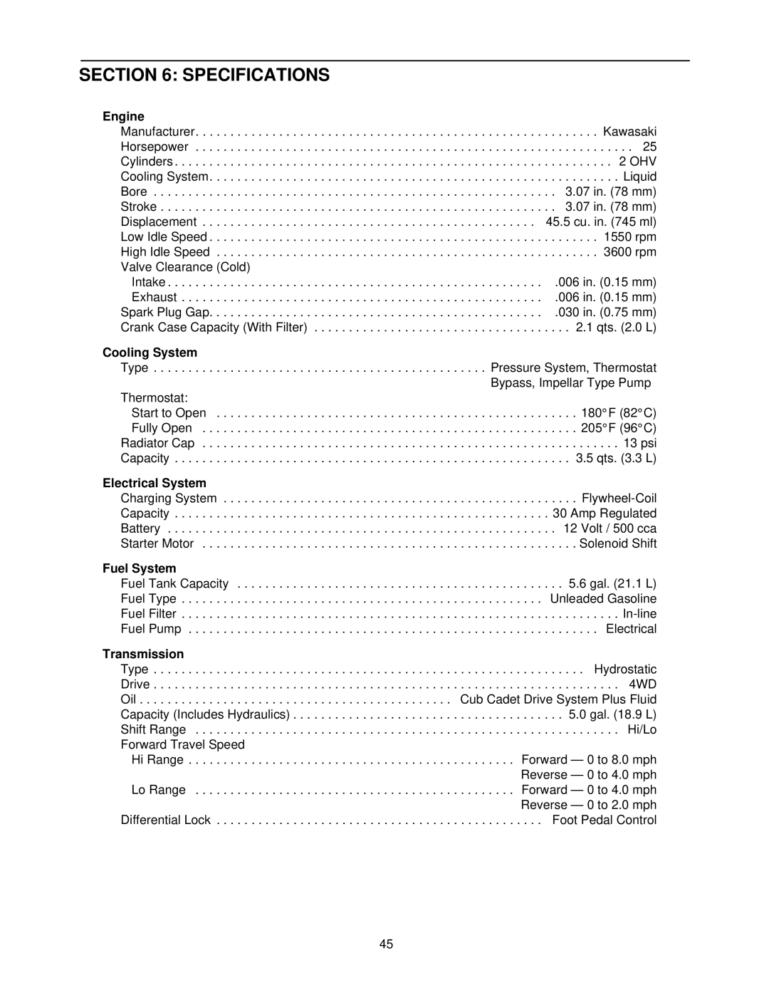 Cub Cadet 5254 Series, 5000 Series manual Specifications 