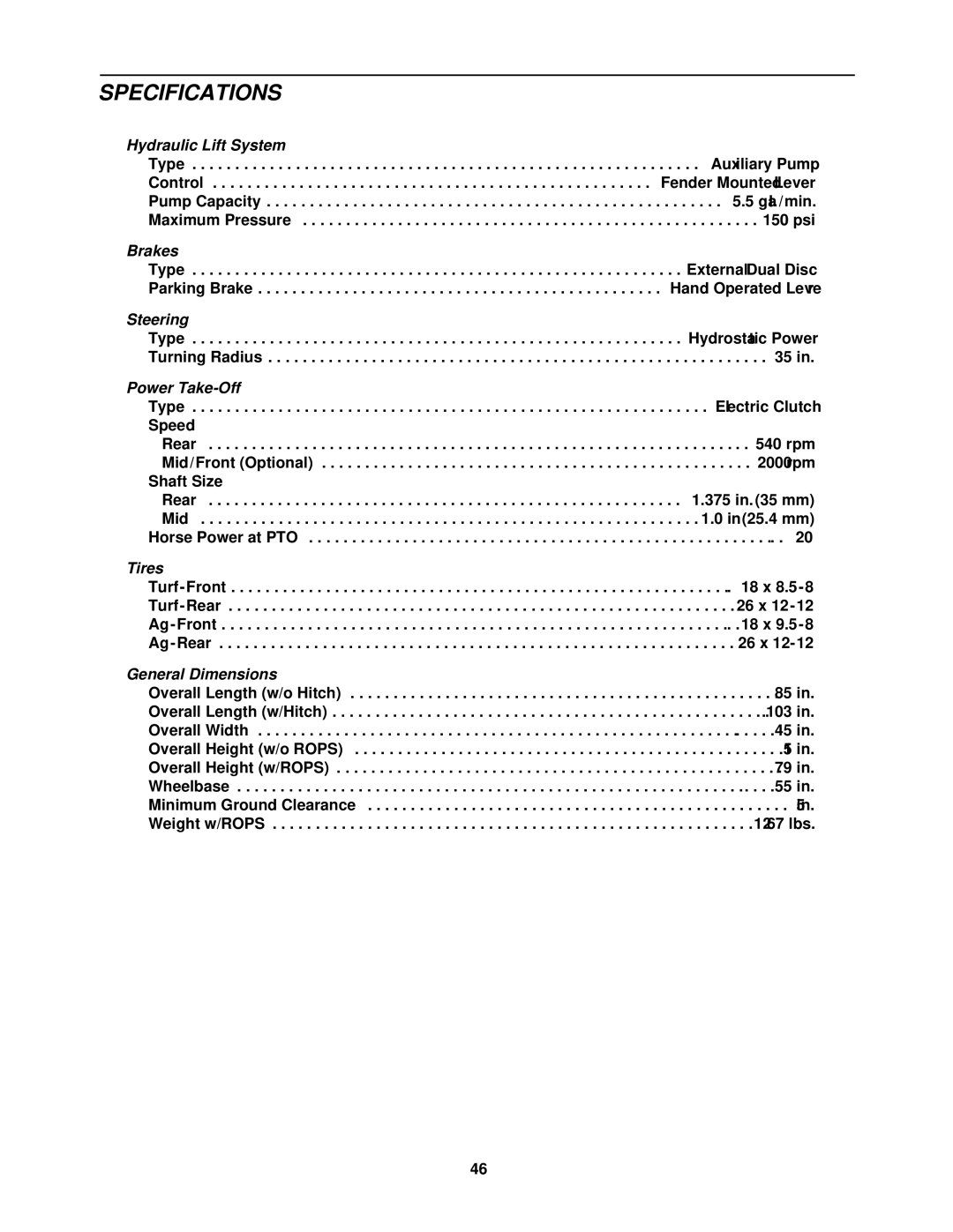 Cub Cadet 5000 Series, 5254 Series manual Hydraulic Lift System, Brakes, Steering, Power Take-Off, Tires, General Dimensions 