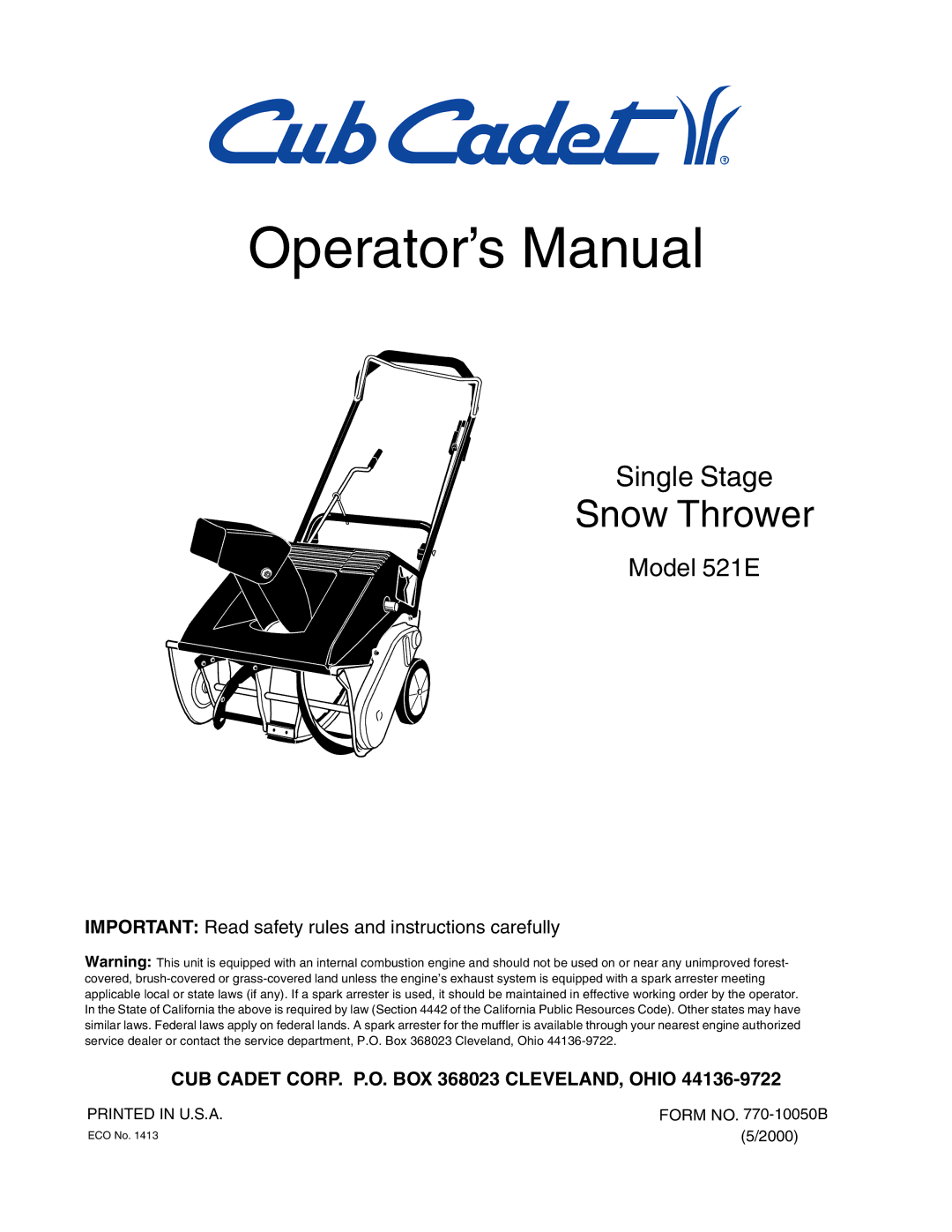 Cub Cadet 521E manual Operator’s Manual 