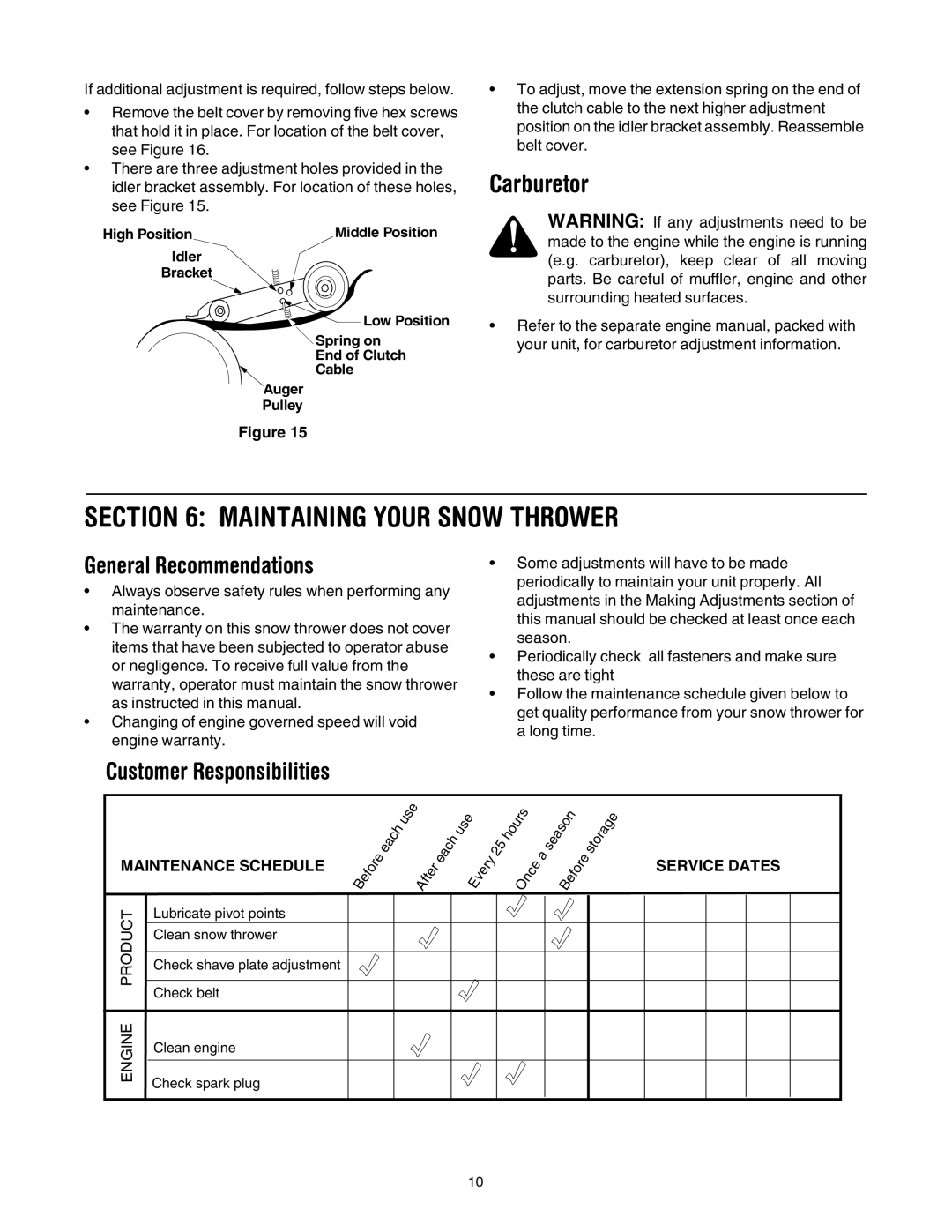 Cub Cadet 521E manual Maintaining Your Snow Thrower, Carburetor 