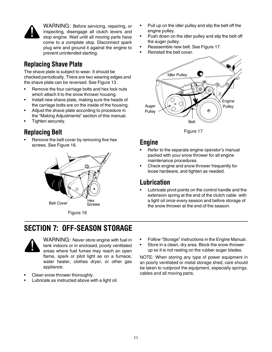 Cub Cadet 521E manual Replacing Shave Plate, Replacing Belt, Engine, Lubrication 