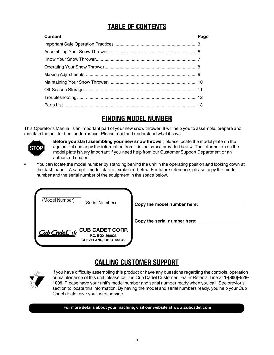 Cub Cadet 521E manual Table of Contents 