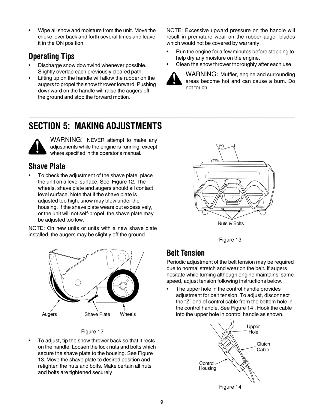 Cub Cadet 521E manual Making Adjustments, Operating Tips, Shave Plate, Belt Tension 