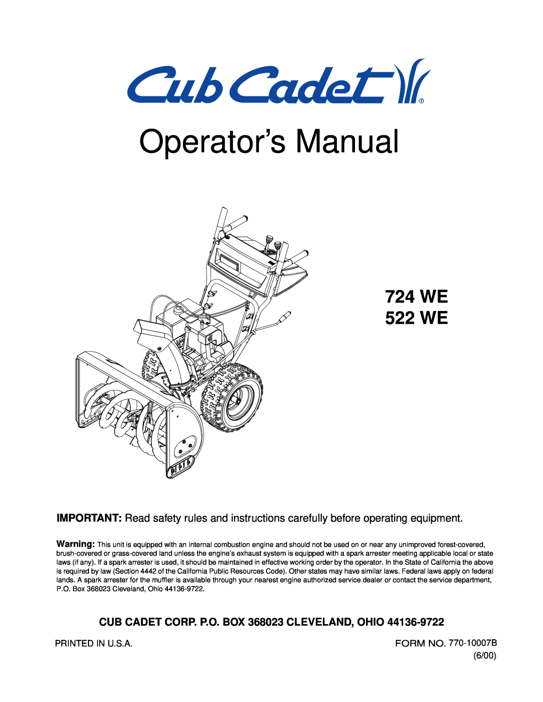 Cub Cadet manual CUB CADET CORP. P.O. BOX 368023 CLEVELAND, OHIO, Operator’s Manual, 724 WE 522 WE 
