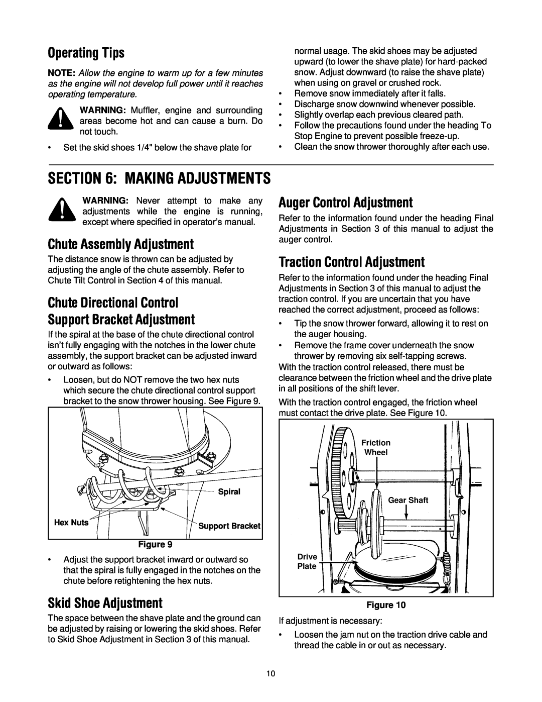 Cub Cadet 522 WE manual Operating Tips, Chute Assembly Adjustment, Chute Directional Control Support Bracket Adjustment 
