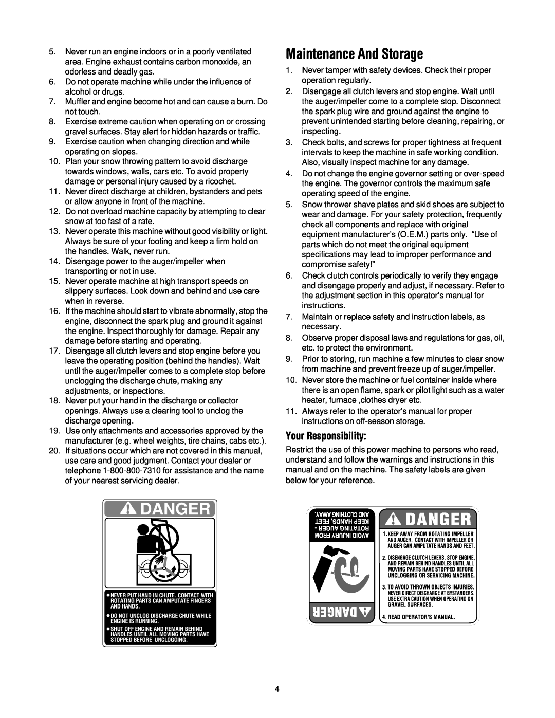 Cub Cadet 522 WE manual Maintenance And Storage, Danger, Your Responsibility 