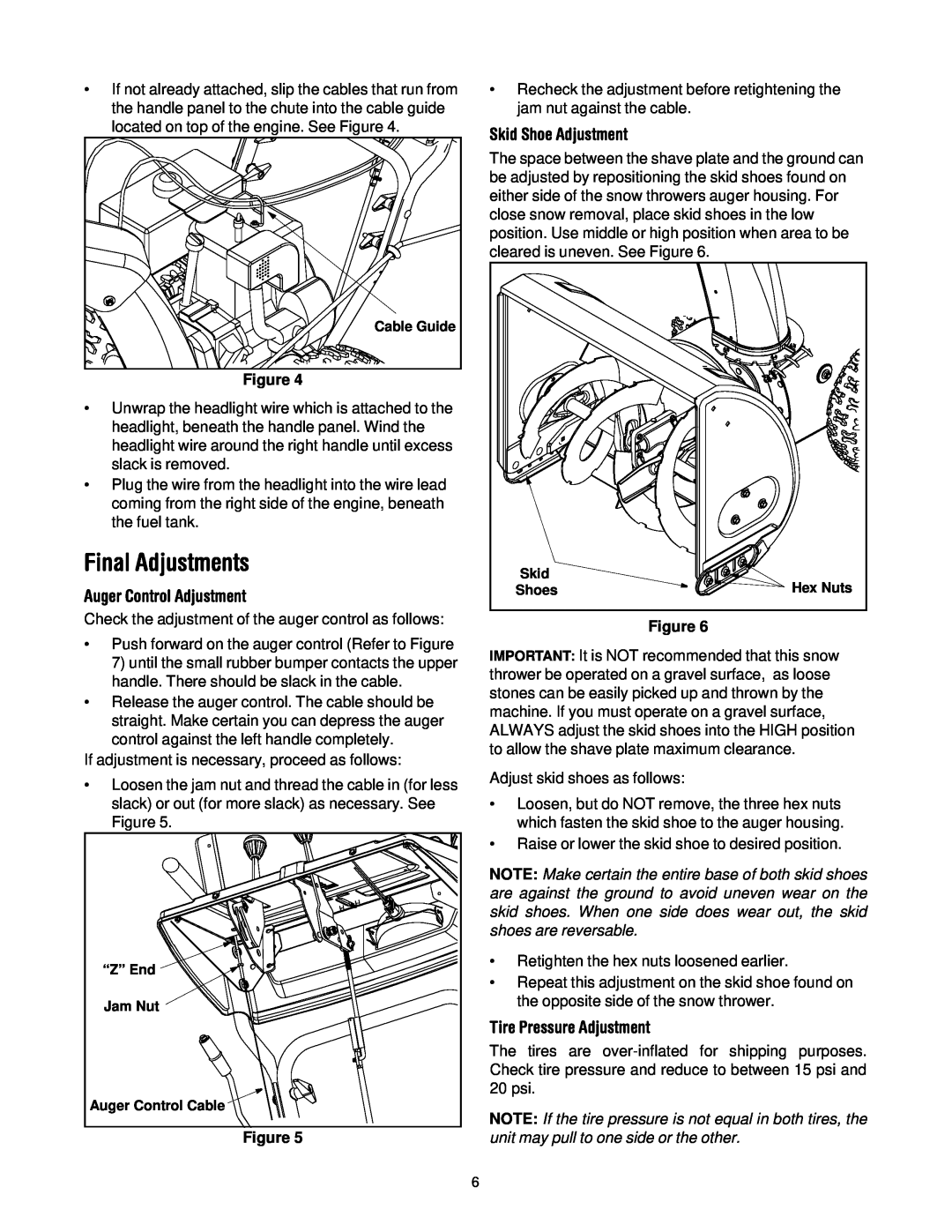 Cub Cadet 522 WE manual Final Adjustments, Auger Control Adjustment, Skid Shoe Adjustment, Tire Pressure Adjustment 