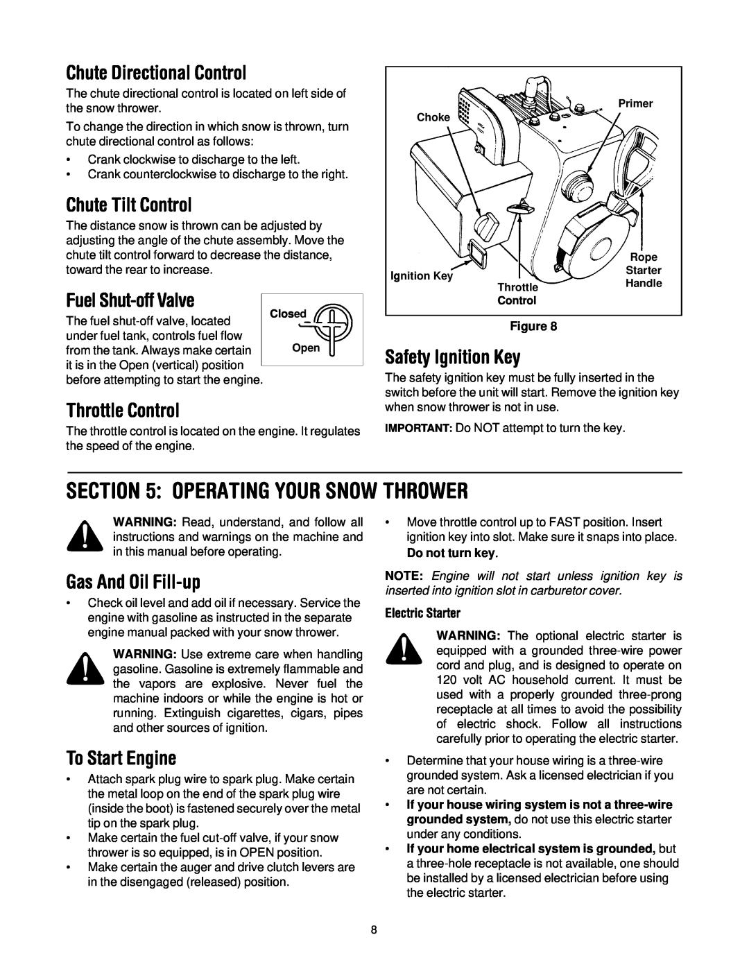 Cub Cadet 522 WE manual Operating Your Snow Thrower, Chute Directional Control, Chute Tilt Control, Fuel Shut-off Valve 