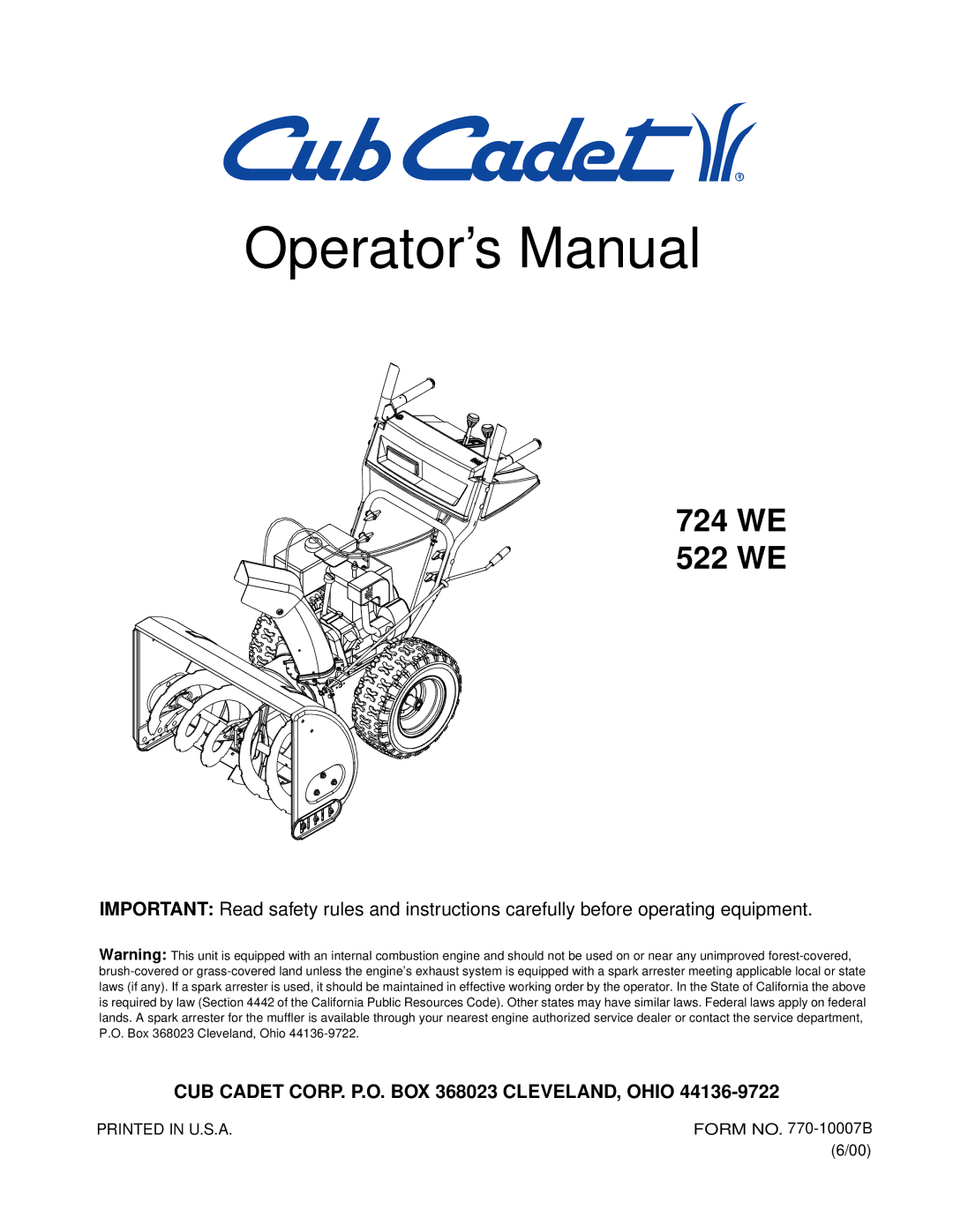 Cub Cadet 522 WE manual Operator’s Manual 