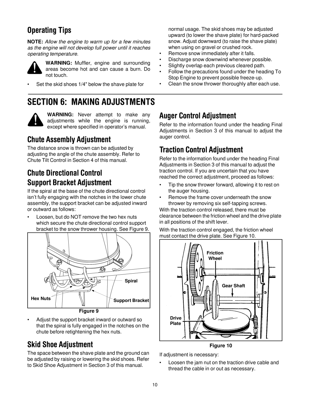 Cub Cadet 522 WE manual Operating Tips, Chute Assembly Adjustment, Chute Directional Control Support Bracket Adjustment 